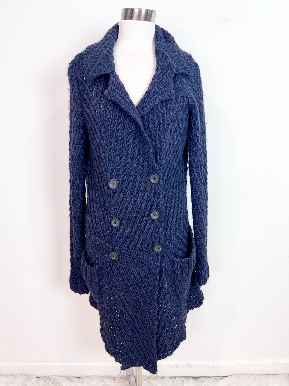 FREE PEOPLE LEMON DROP NAVY DOUBLE BREASTED CROCHET KNIT CARDIGAN SWEATER MEDIUM
